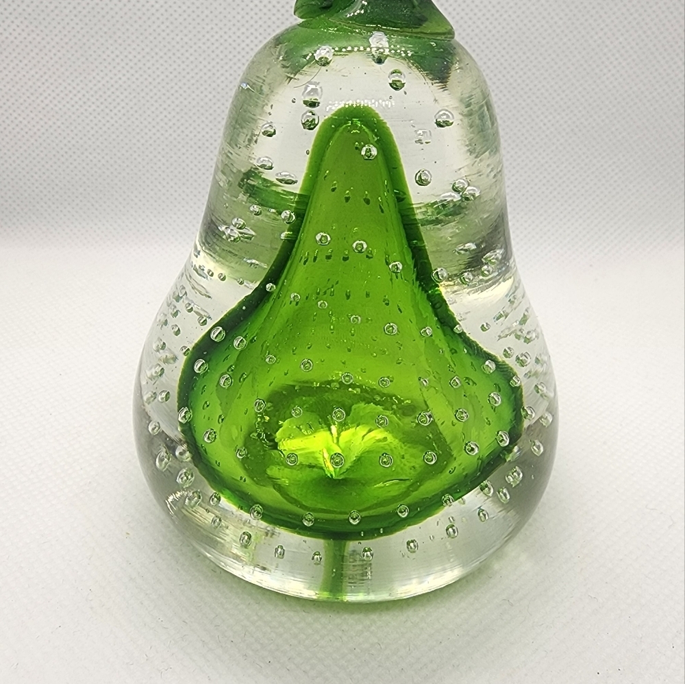 Glass Paperweight Pear Shape Green & Clear Glass with Air Bubbles - Picture 10 of 10